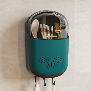 JustLiving Kitchen Utensil Holder Wall-mounted Divided Chopstick Holder Punching-free Space-saving Storage Organizer Multi-use Org Wall Mount Utensil Rack Detachable Organizer with Dustproof Cover