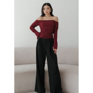 NZINGA Haeun | Blouse Off Shoulder Wanita Lengan Panjang - Baju Hitam Elegan Ruched Body Fit | Ukuran S - XXL