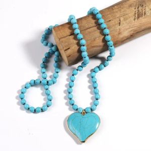 GENENIC Knot Design Turquoise Beaded Necklace Heart Shape Pendant 8 mm Beads Love Pendant Necklace Beaded Knot Vintage Style Boho Necklace Women Gift