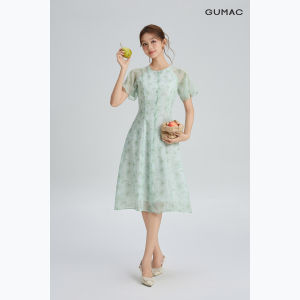 [MUA 2 GIẢM 130K] Đầm Nữ GUMAC Form A Xòe Tay Cánh Tiên Kiểu Phối Cổ Nút Bọc Chất Tơ Thanh Lịch DF03009 - DG06035