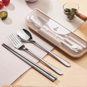 PROTRU 3 Pcs/Set with Storage Box Travel Cutlery Set 304 Stainless Steel Anti-slip Student Tableware Set Portable Rust-proof Chopsticks Spoon Fork Office