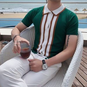 POLO Shirt for Men Striped Unique T-shirt British Slim Design Lapel Casual Knitted Fashion Grace Male Top