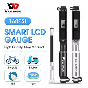 WEST BIKING ที่เติมลมยางรถจักรยานที่สูบลมปั๊มมือระบบดิจิทัลหน้าจอ LCD อุปกรณ์เสริมสําหรับจักรยานวาล์วขนาดเล็กแบบพกพา