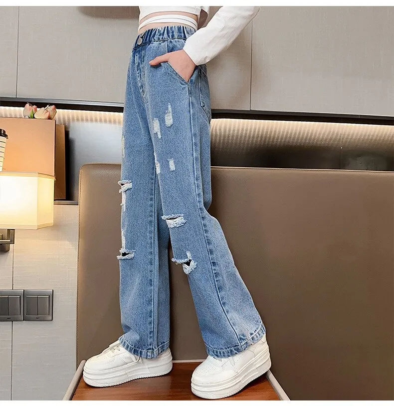 Teen Girl Ripped Hole Wide Leg Jeans Children's Fashion Loose