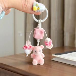 YAFEN Cute Sweet Flocked Bear Keychain Pendant Backpack Charm Phone Chain Fashion Trendy Bag Hanging Accessories Girly Keyring Gifts