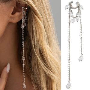 HOTOTO 1PC Chain Tassel Ear Cuff No Piercing Design Transparent Crystal Drop Earrings Elegant C-Shaped Clip Chain Ear Wraps Women