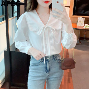 AEEG new Korean version of the lapel bow style loose and versatile chiffon long sleeve blouse for women