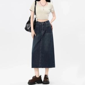 ST364 M-2XL Women Jeans Long Skirt Korean Style A Line Denim Skirts Retro And Vintage Jeans Skirts