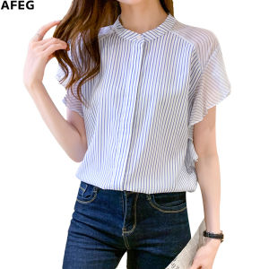AFEG new Korean round neck fashion loose wild striped chiffon short-sleeved blouse for women