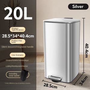 Step Pedal Trash Can 20L Rectangle Stainless steel Trash tin large capacity large size with cover Garbage bin