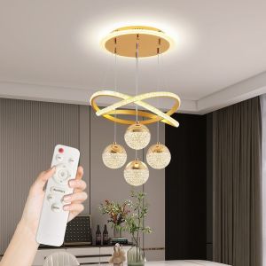 LED Chandelier Acrylic Tri-color Remote Control Pendant Lamp Modern Starry Sky projector 3 Ball Annular Creative Hanging Light for Living Room Bedroom