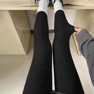Women High-Stretch Leggings Vertical Stripes Winter Plush Thicken Cotton Tights Spring Autumn Gray Black Warm Hip-lifting Pants