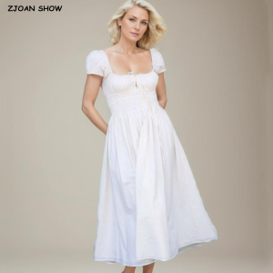 CHIC Beige Bow Square Collar Short Puff Sleeve Midi Dress Women High Elastic Waist A-lined Swing Long Dresses Holiday Vestidos2026