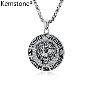 Kemstone HIP HOP Jewelry Mens Stainless Steel Gold Plated Zircon Round Tag Lion Pendant Necklace