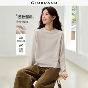 Giordano Beau Monde Women 100% cotton seam detail long sleeve tee Free Shipping 13326622