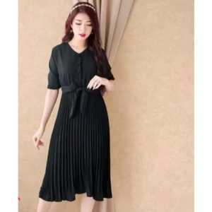 DRESS MIDI PLISKET | Midi Dress Wanita Model Plisket Remple Tebal Variasi Kancing