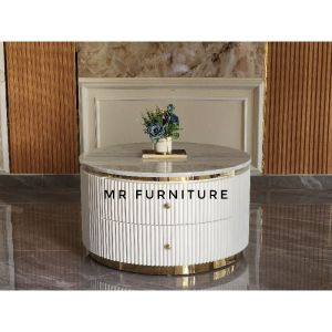 Coffee Table Top Marmer Putih Carrara Body Salur Lis Gold Stainless