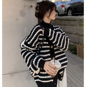 Korean Black White Stripes Sweater Long Sleeve V Neck Knitted Top Cardigan for Women