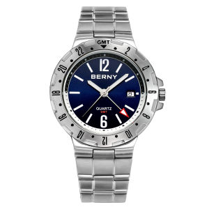 BERNY GMT Quartz Mens Watches Fashion Business 24H Military Watch Luminous Luxury Male Clock Stainless Steel Waterproof