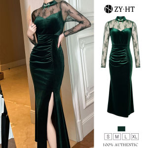 ZY.HT EraVogue Womens Dresses Qipao Dresses Green Dresses Long Sleeve Dresses Fish Tail Dresses Velvet Dresses High-class Dresses Vintage Dresses Event Dresses Party Dresses 20996