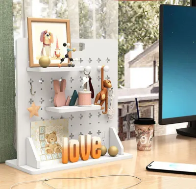 Bảng lỗ Pegboard để bàn kèm kệ và que gỗ decor góc làm việc hiện đại trendy - IG417