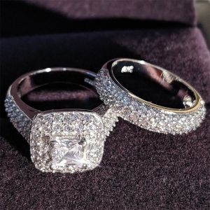 HENLI 2pcs Double-layer Ladies Luxury Ring Set Diamond Silver Womens Ring Fashion Accessories Wedding Preferred Jewelry Valentines Day Gift