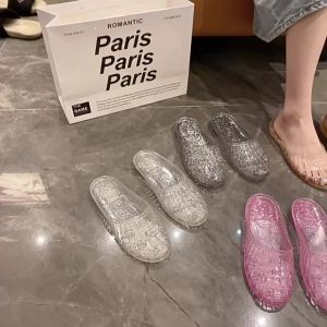 [Free Shipping] Flat-Heeled WomenS Mules With Closed Toe Transparent Crystal Jelly Hollowed-Out Non-Slip Plastic Outdoor Summer Sandals
