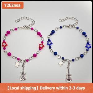 【Local shipping】 New Trendy Y2K Couple Bracelets For Women Girl Hollow Pentagram Guitar Pendant Beaded Bracelet Friends Jewelry Gift