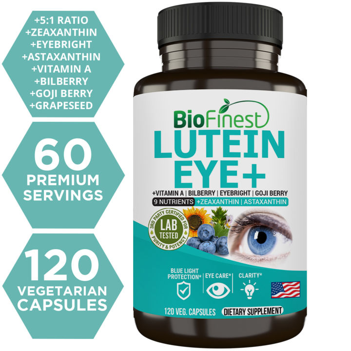 Biofinest Lutein Eye+ Vitamin Supplement - 5:1 Ratio Zeaxanthin Astaxanthin Eyebright Bilberry - Improve Contrast Fine Detail Eye Health - Support Healthy Lens Macula Retina Night Vision - Soothe Blue Light Aging Tired Dry Eye Strain (120 Veg. Capsule