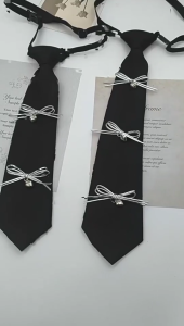Adjustable Pre Tied Women Necktie With Sweet Bowknot Embellished Elegant Campus Student Black Long Neck Tie
