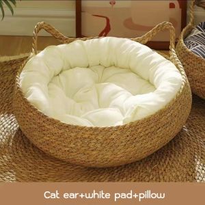SKISOPGO Cat Bed Pet Nest Pure Manual Rattan Woven Cattailgrass Cat Scratch Board Removable Washable Winter Warm Pad