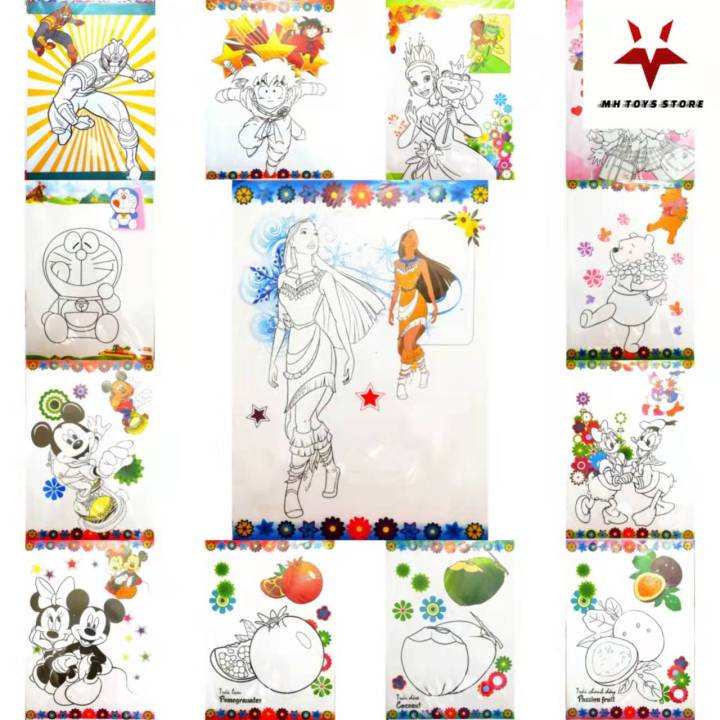 Combo 3 bộ hình vẽ tranh tô màu cho bé (bộ = 10 tờ) - đủ các loại hình công chúa, siêu nhân, trái cây, vịt donald, chuột mickey, doremon...