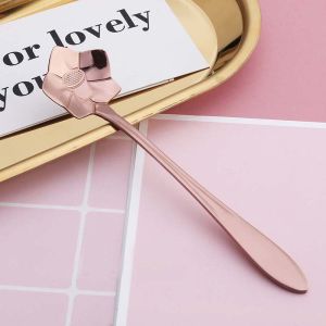 XUNJIE Rose Red Vintage Bar tools for Sugar Ice Cream Coffee Dessert Stainless Steel Mixing Spoon Teaspoon Flower Spoon Set Soup Spoon Cutlery Set