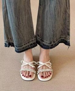 [Free Shipping] Slip-On Chunky Heel Sandals With Thin Straps And Rhinestone Embellishments 2026 Summer Outdoor Wear Bowknot Design Versatile Fashionable And Casual