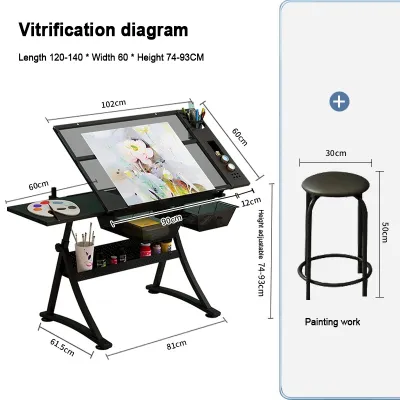 BENBO Drawing glass table lift drawing table leather ottoman + extra side table drawers