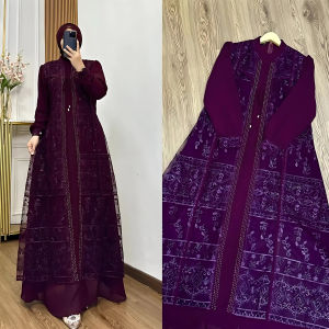 Gamis Burgundy Kondangan Mewah Elegan Ceruty Mix Brukat Premium Aplikasi Payet Swarovski Davina Dres