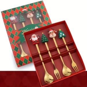 MIRELAE Thiết kế búp bê Muỗng cà phê Giáng sinh Hình ảnh cây thông/ngôi sao/ông già Noel Đánh bóng gương Bộ Dụng Cụ Ăn Giáng Sinh (Nĩa Thìa) Trang trí nhà cửa Thép không gỉ Bộ dụng cụ lễ hội Quà Giáng Sinh
