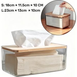 Square Transparent Tissue Box With Bamboo Lid Pull-out Facial Tissue Holder For Bathroom Kitchen Bedroom Dining Table