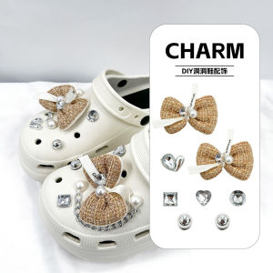 10Pcs Crocs Jibbitz Charms Brown Bowknot Crystal Diamond Shoe Buckle Detachable Pearl Shoe Chain Decoration for Crocs