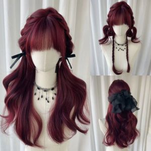STARGOODS Halloween Long Curly Wavy Hair Harajuku Rose Red Cosplay Lolita Wigs Cute Heat-resistant Synthetic Wigs with Bangs Women