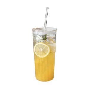 Crystal House Borosilicate Glass Lid Drinking Cup with Straw Heat Resistant Textured Glassware Transparent Mug For Juice