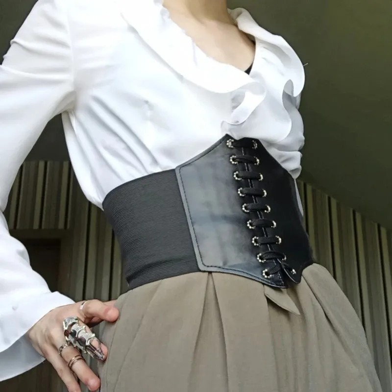 Korean Style Vintage Faux Leather Wide Lace Up Waist Belt Shapewear Corset  Sexy Body Shaper