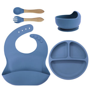 6PCS Baby Silicone Tableware Kids Utensil Bib Straw Cup Bowl Suction Plate Feeding Essential Set
