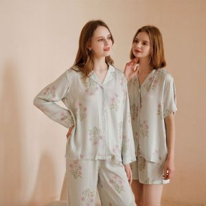 New Fashion Viscose Fiber Long Sleeve Floral Pajama Set Womens Ankle-Length Pants Pajamas Spring and Summer Comfortable Home Clothes