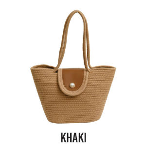 Boxera Woven Straw Tote Beg Anyaman Wanita Ringan Harian Office Shopping Travel Casual Style Pearl Button Dipakai Siang Malam Padanan Outfit Santai 编织托特包 ABS