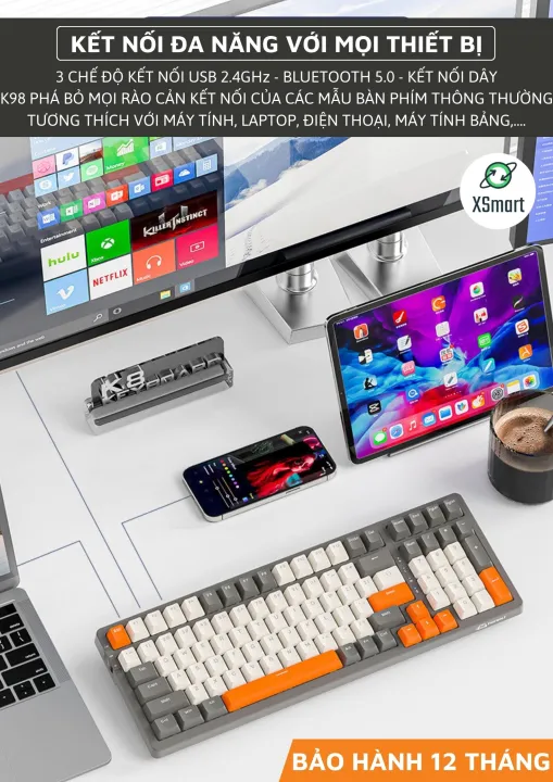 Bàn Phím Cơ Không Dây Máy Tính K8BT Bluetooth 5.0 Hotswap Red Switch LED Gaming, Gõ Êm, Lót Foam | BigBuy360 - bigbuy360.vn Bàn Phím Cơ Không Dây Máy Tính K8BT Bluetooth 5.0 Hotswap Red Switch LED Gaming, Gõ Êm, Lót Foam | BigBuy360 - bigbuy360.vn