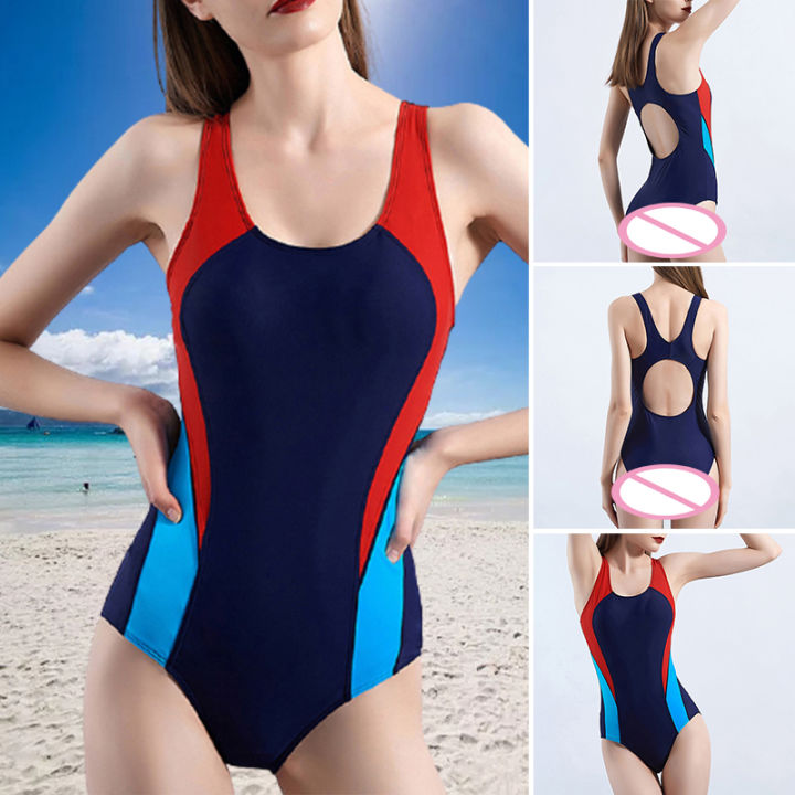 T-FLY Women One Piece Swimsuits High Cut Swimwear Color Block Backless  Comfortable Bathing Suit for Summer Swimming