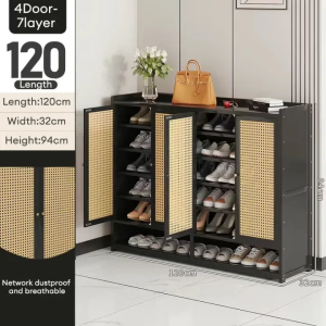 [On Hand]Large Capacity Storage Shoe Cabinet With Rattan Door Shoe Rack In Cream Style Shoe Cabinet organizer