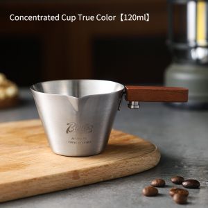BINCOO Espresso Coffee Cup Measuring Wooden Handle Stainless Steel Milk Cup with Scale Coffee Liquid Extraction Cup 120ML