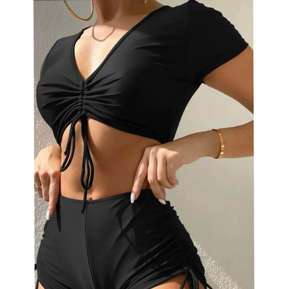 Boyleg Bikini Crop Top Swimsuit Draw String Two Piece Swimwear